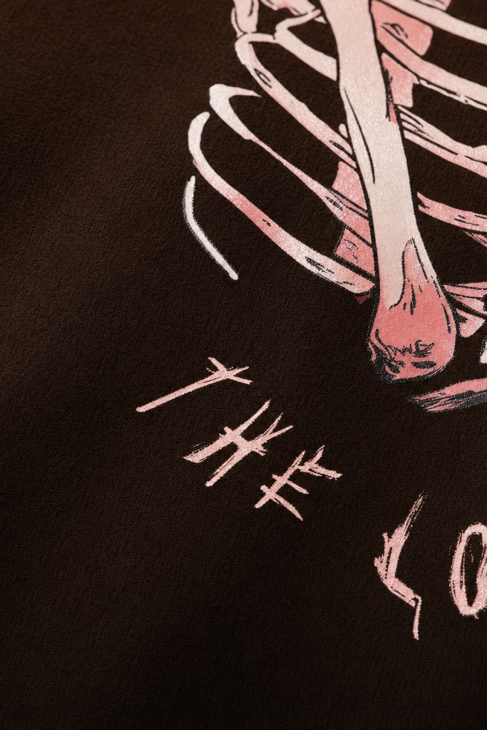 Close-up fabric detail - Voyd Midnight Affection Brown T-shirt