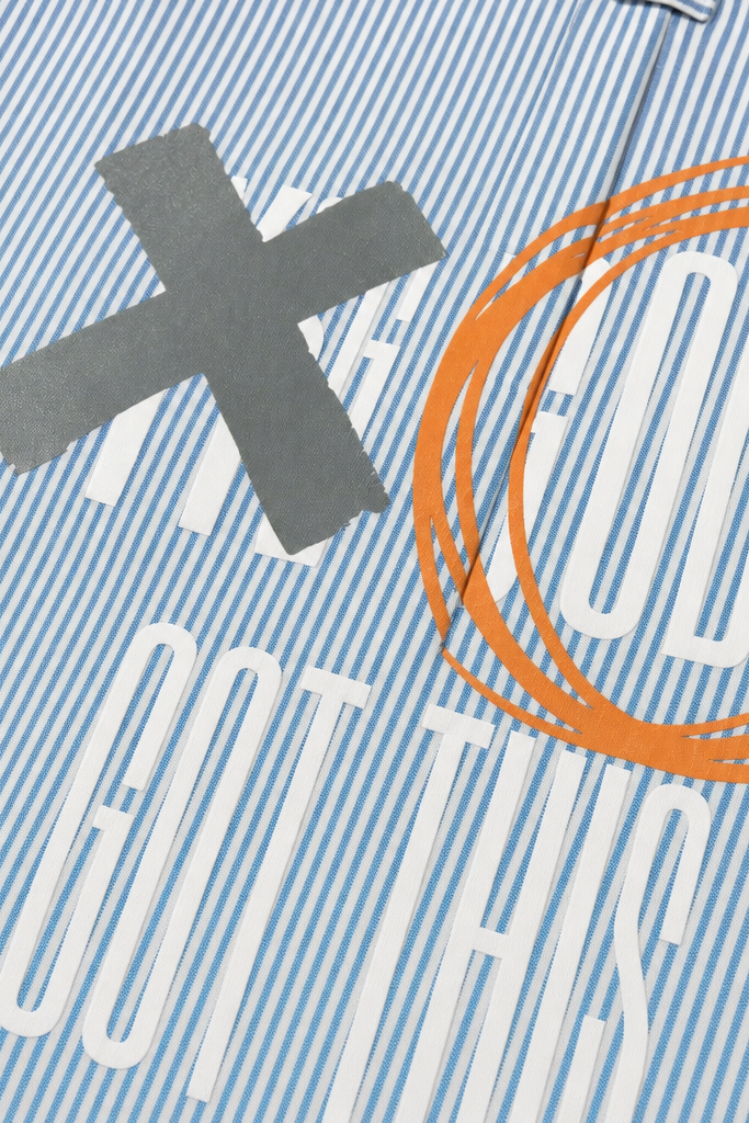 Close-up fabric detail - Voyd God's Got This Blue Stripe Shirt