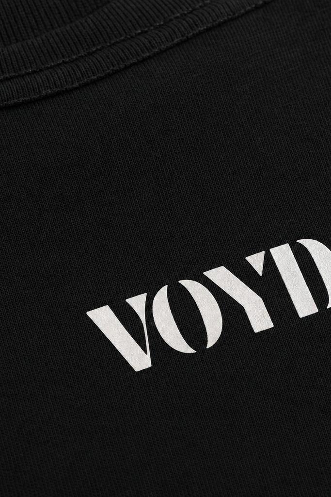 Close-up fabric detail - Voyd AM PM Routine Black t-shirt