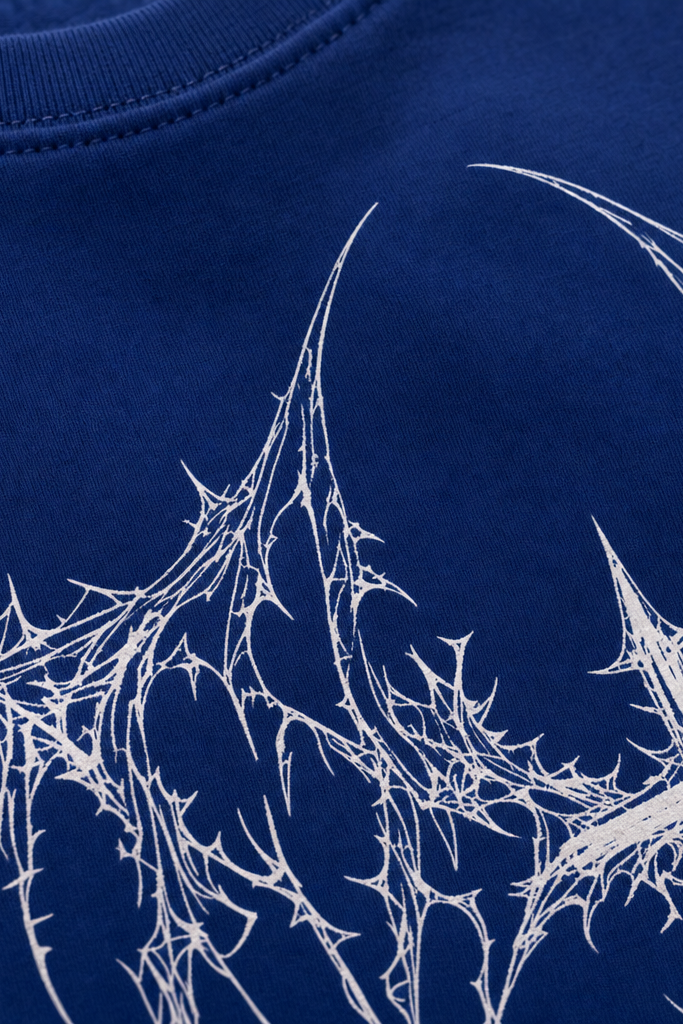 Close-up fabric detail - Voyd Holy Chaos Blue T-shirt
