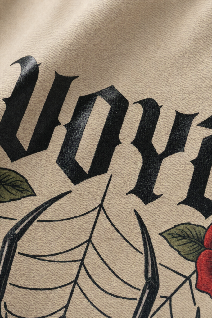 Close-up fabric detail - Voyd Silk of Sin Beige T-shirt