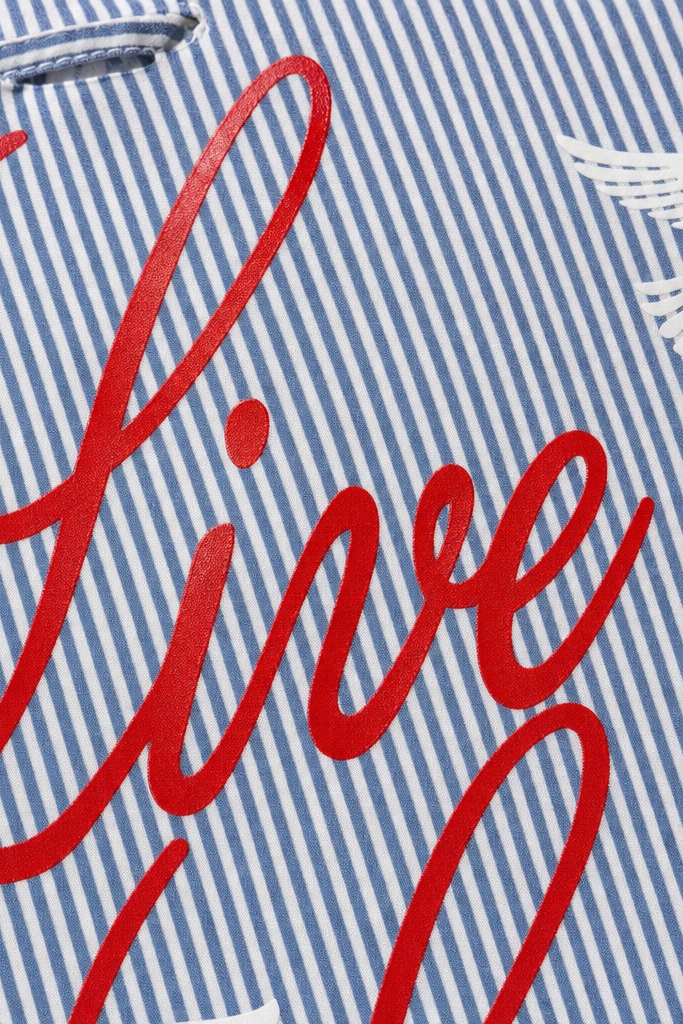 Close-up fabric detail - Voyd Love Laugh Blue Stripe Shirt