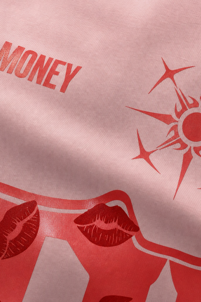 Close-up fabric detail - Voyd Lovers in Noir Pink T-shirt