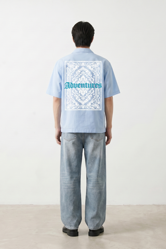 Void Ritual Print Ice Blue Bowling Shirt