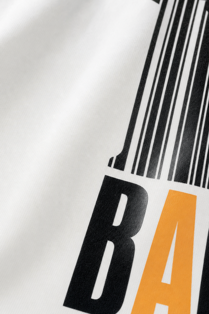 Close-up fabric detail - Voyd Bar Code White t-shirt