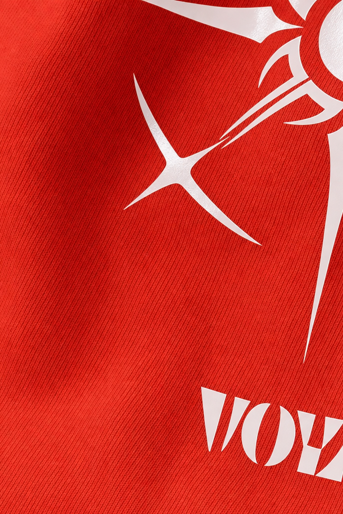 Close-up fabric detail - Voyd Lovers in Noir Red T-shirt