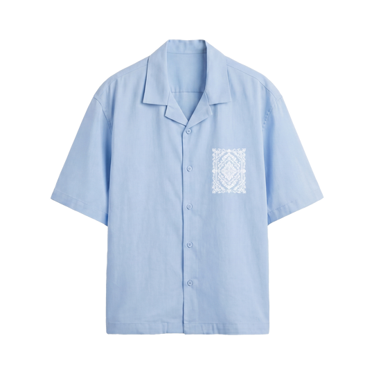 Void Ritual Print Ice Blue Bowling Shirt