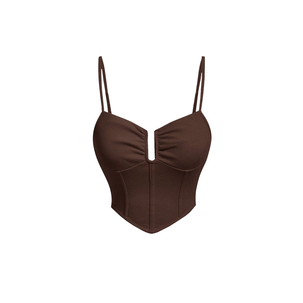 Voyd Ribbed Corset Cami Brown Top