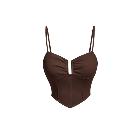 Voyd Ribbed Corset Cami Brown Top