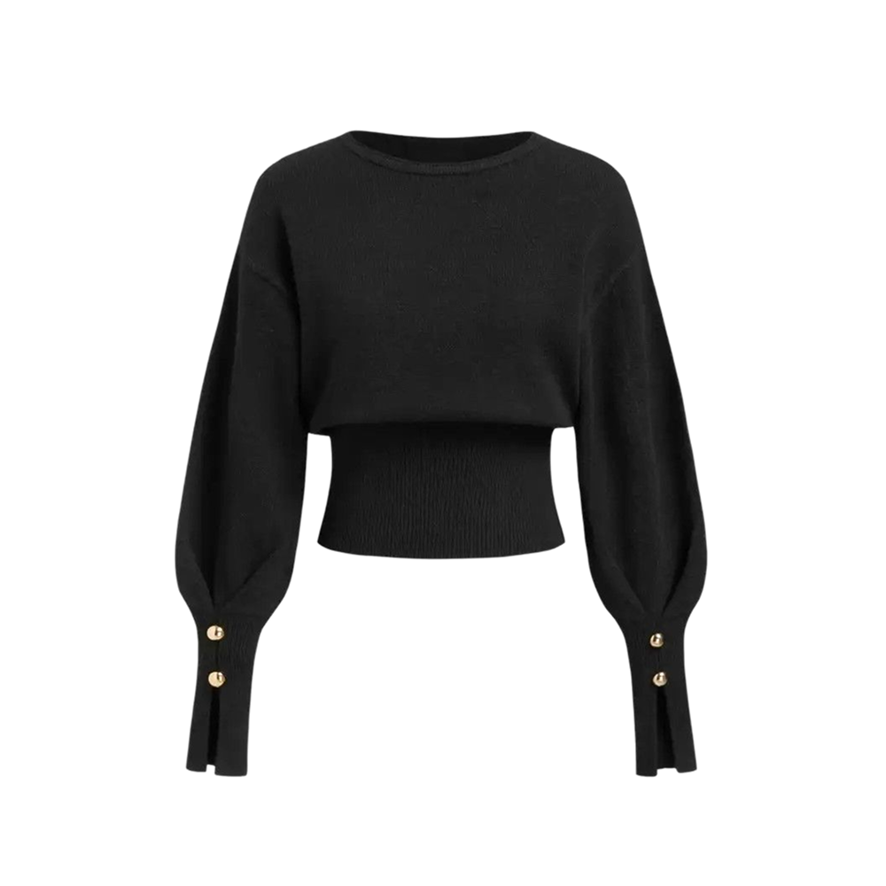 Voyd knit top with balloon sleeves and gold cuffs Black.