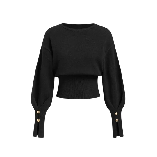 Voyd knit top with balloon sleeves and gold cuffs Black.