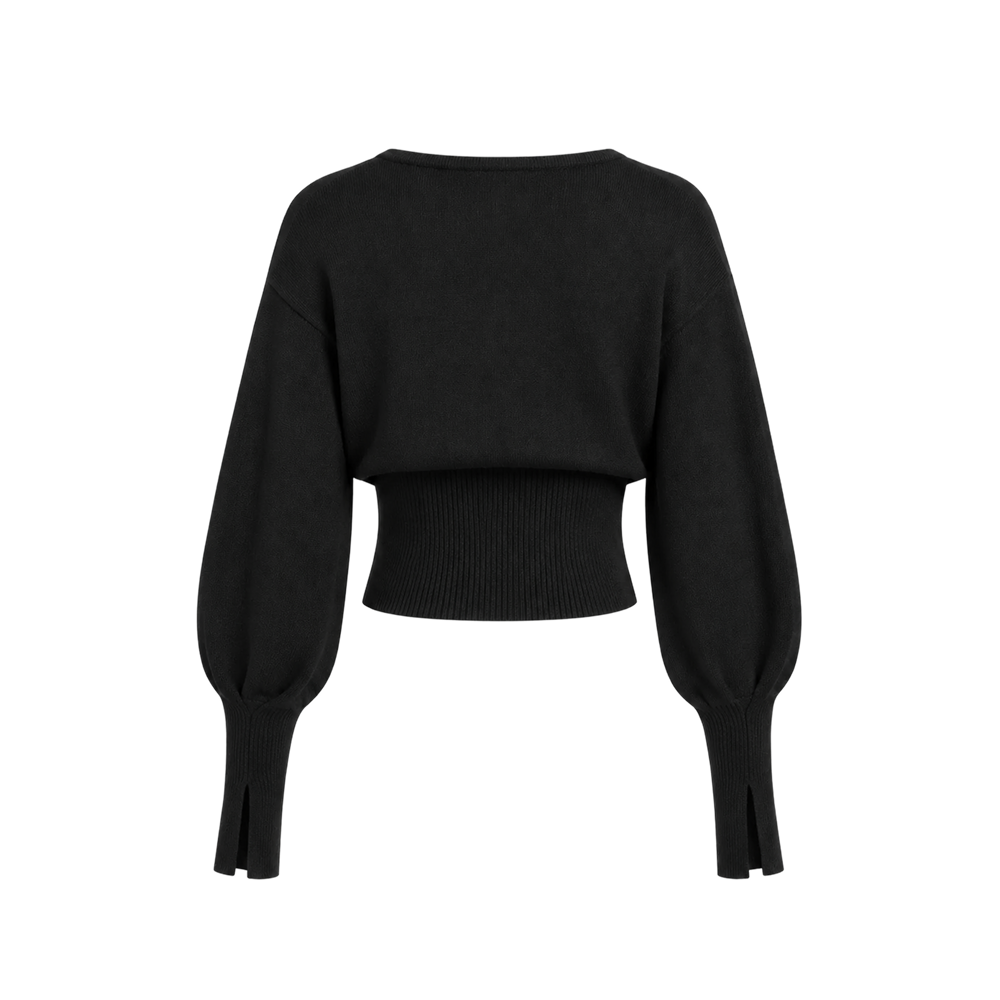 Voyd knit top with balloon sleeves and gold cuffs Black.