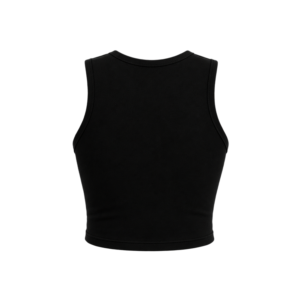 Voyd round-neck star cut-out crop top black.