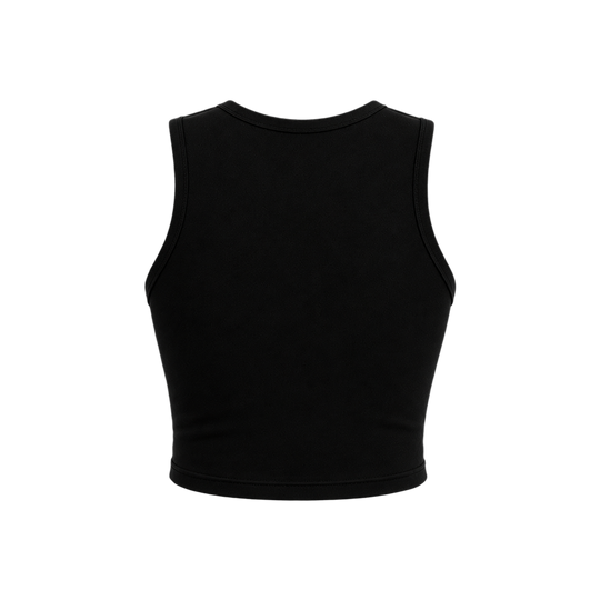 Voyd round-neck star cut-out crop top black.