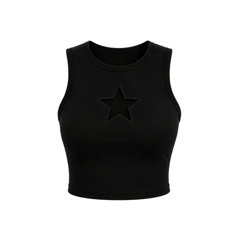 Voyd round-neck star cut-out crop top black.