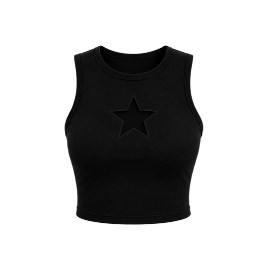 Voyd round-neck star cut-out crop top black.