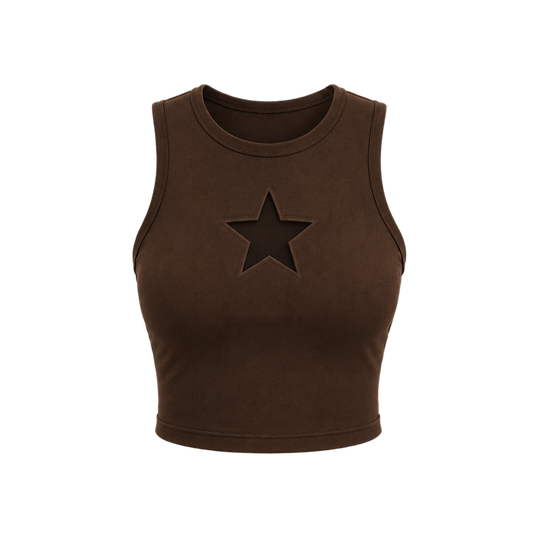 Voyd round-neck star cut-out crop top brown.
