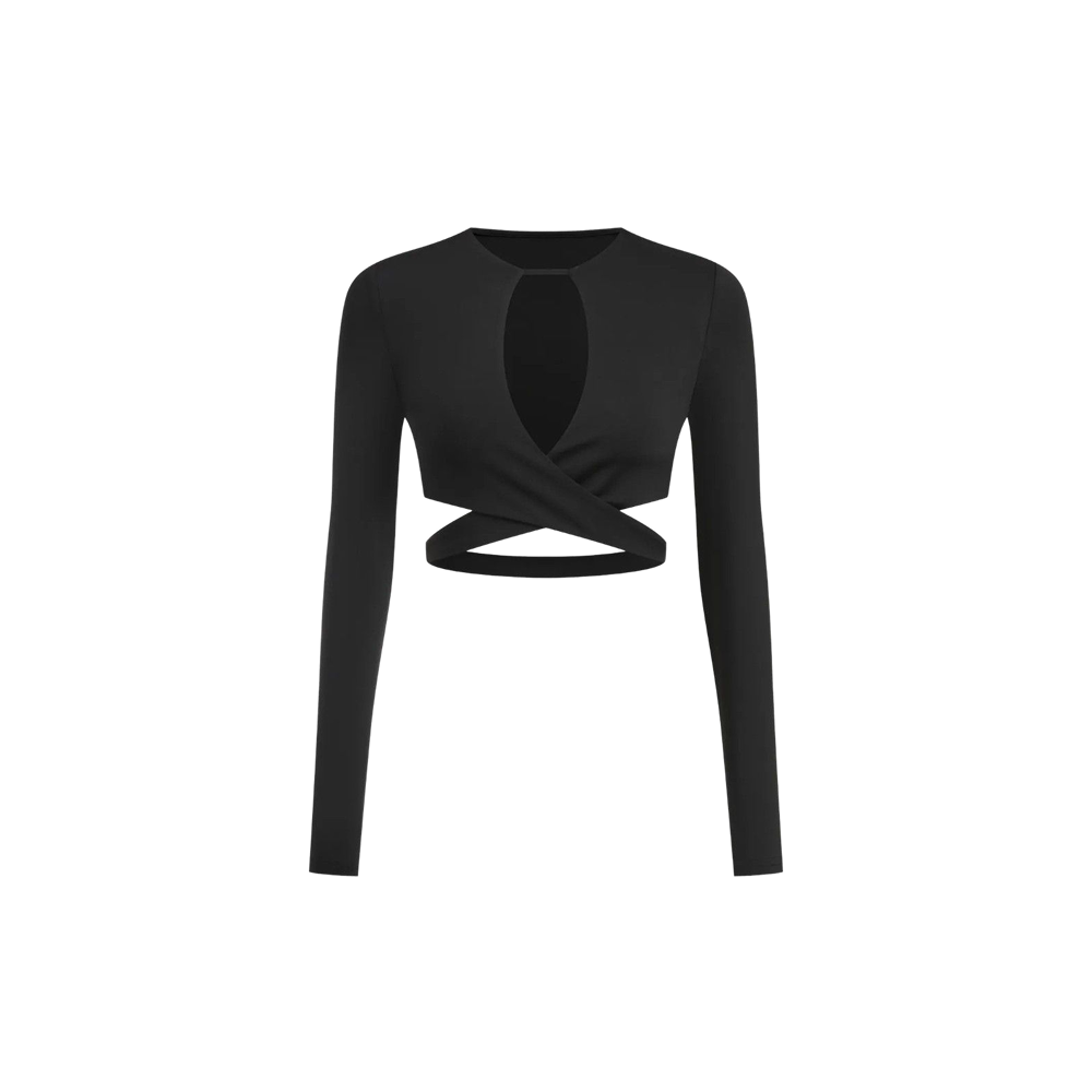 Voyd wrap-detail long-sleeve crop top Black.