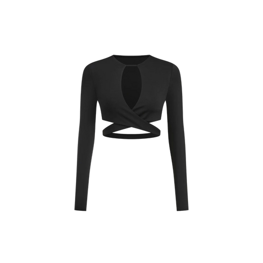 Voyd wrap-detail long-sleeve crop top Black.