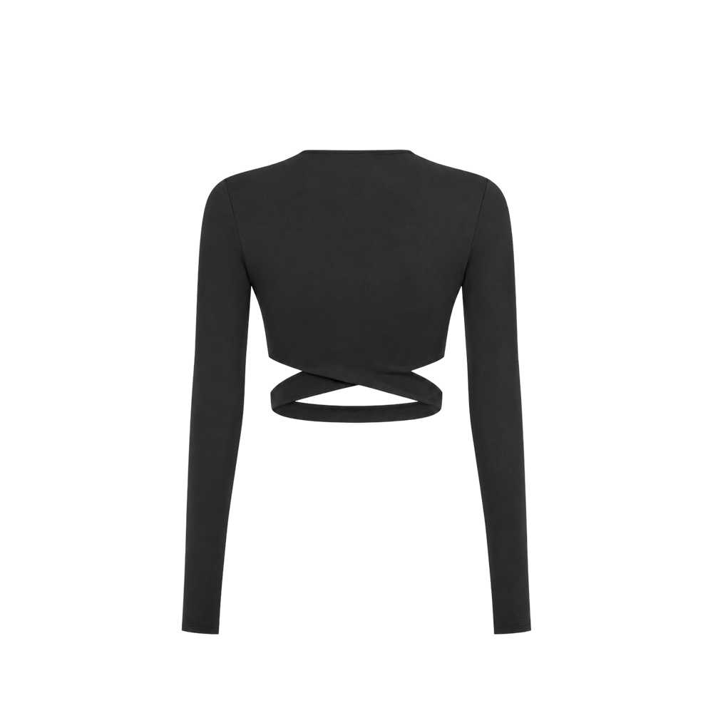 Voyd wrap-detail long-sleeve crop top Black.