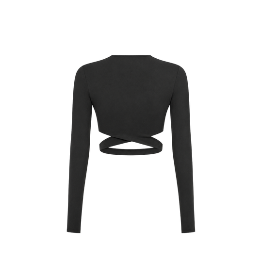 Voyd wrap-detail long-sleeve crop top Black.