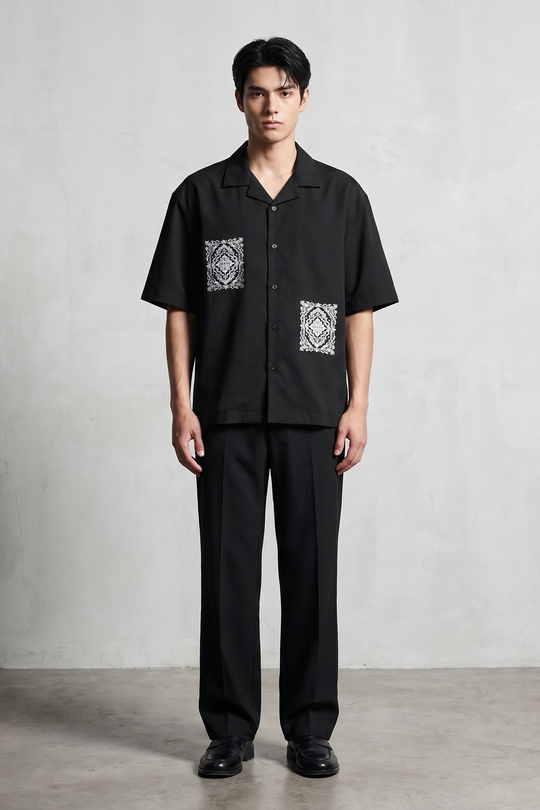 Void Ritual Print Black Bowling Shirt