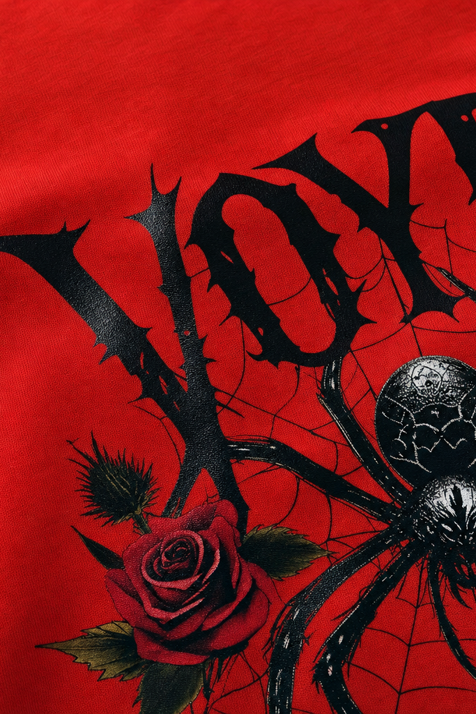 Close-up fabric detail - Voyd Silk of Sin Red T-shirt