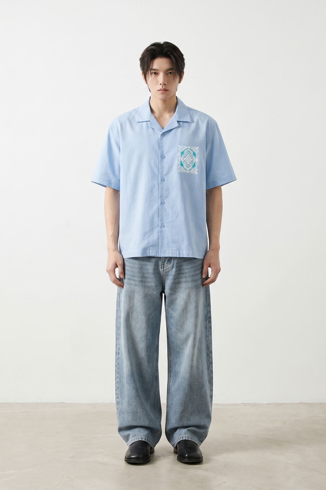 Void Ritual Print Ice Blue Bowling Shirt