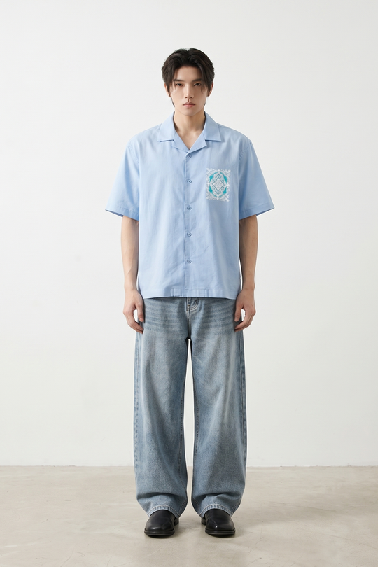 Void Ritual Print Ice Blue Bowling Shirt