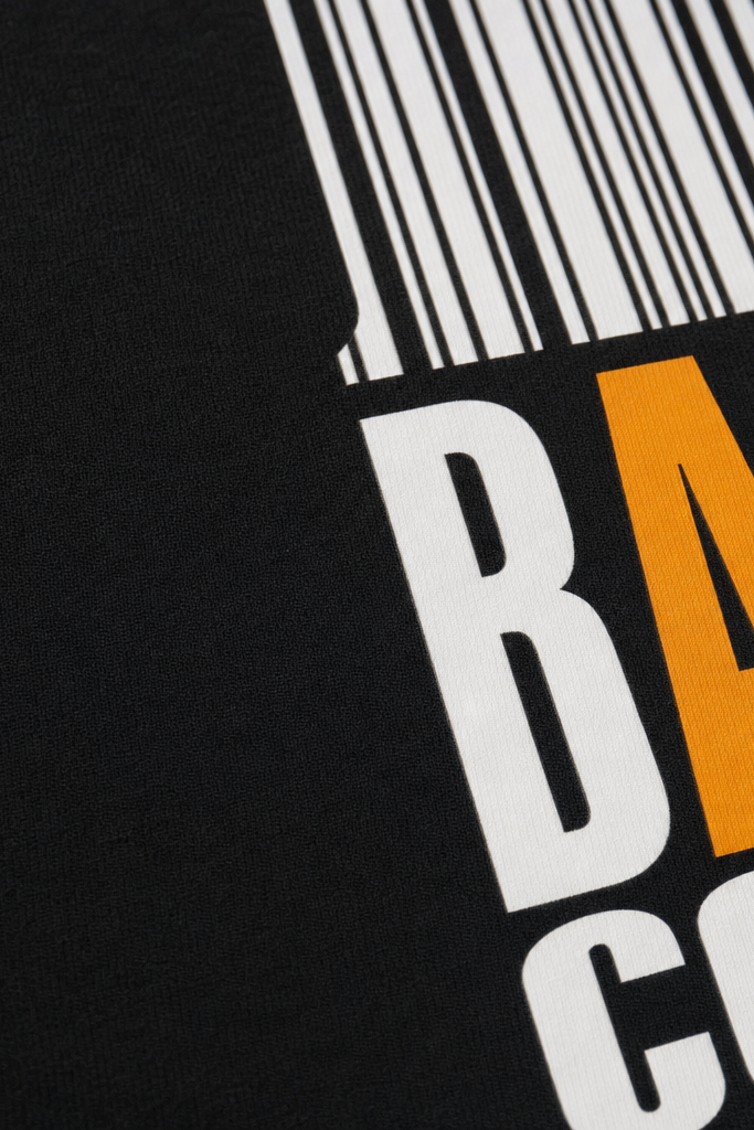 Close-up fabric detail - Voyd Bar Code Black t-shirt