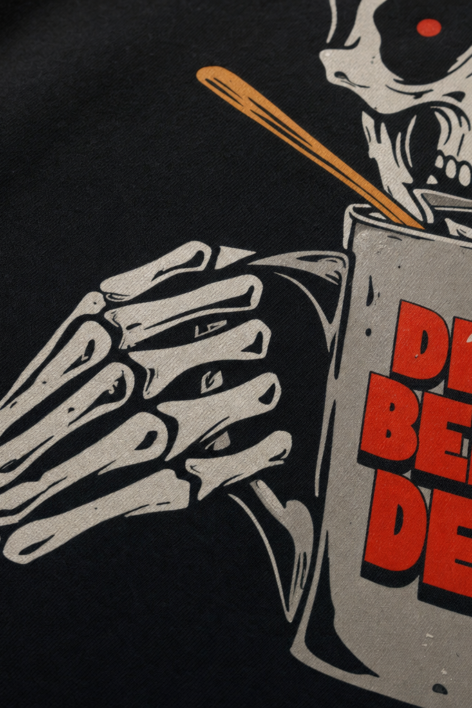 Close-up fabric detail - Voyd Death Before Decafe Black T-shirt