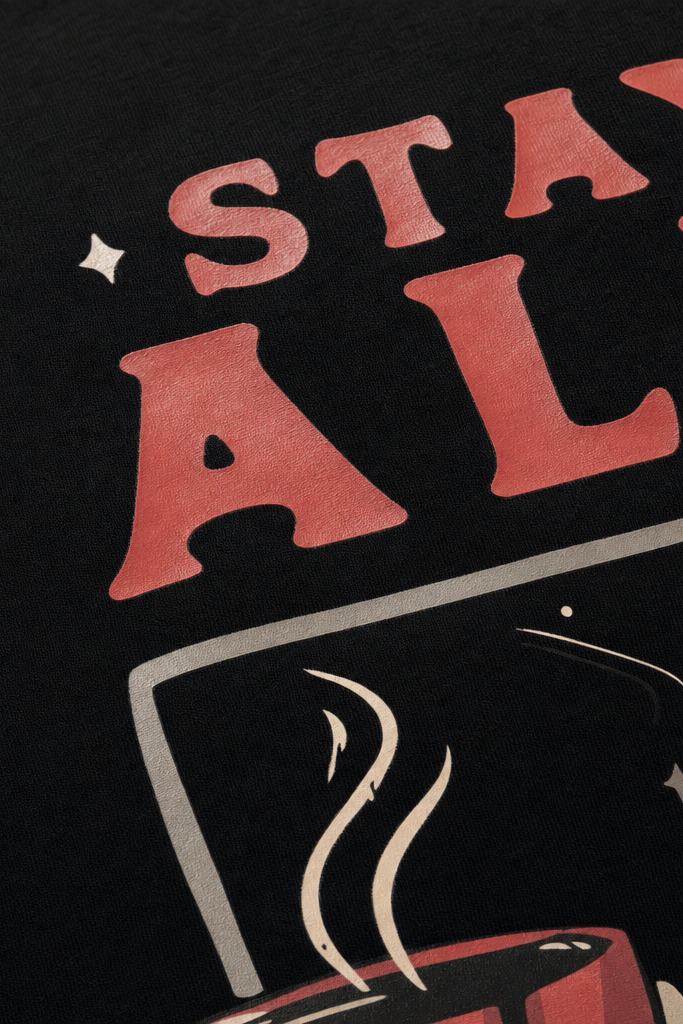 Close-up fabric detail - Voyd Staying Alive Black t-shirt