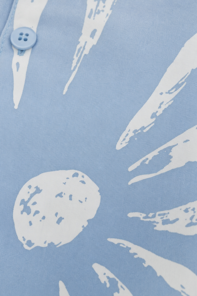 Close-up fabric detail - Void Petal Syndicate Ice Blue Bowling Shirt